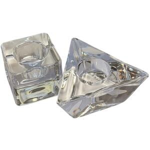Orrefors Sweden Crystal Candle Holder Set: Ice Cube & Faceted Triangle Votive